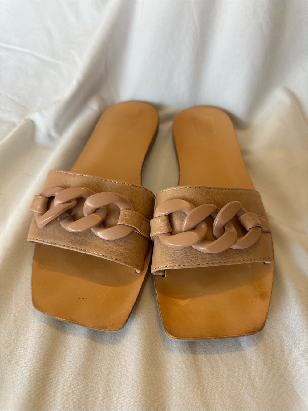 ShuShop Tan Chain-Accent Slide Sandals - Women